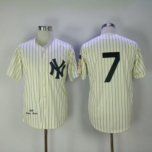 Mitchell And Ness 1951 Yankees #7 Mickey Mantle Cream Throwback Stitched MLB Jersey - Click Image to Close